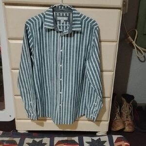 Men's Striped Casual Button-Down Shirt - Green & White. CLEARANCE SALE